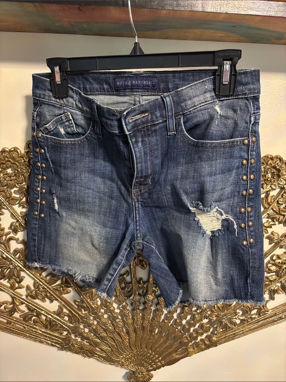 Rock & Republic Studded Distressed Denim Shorts in Blue